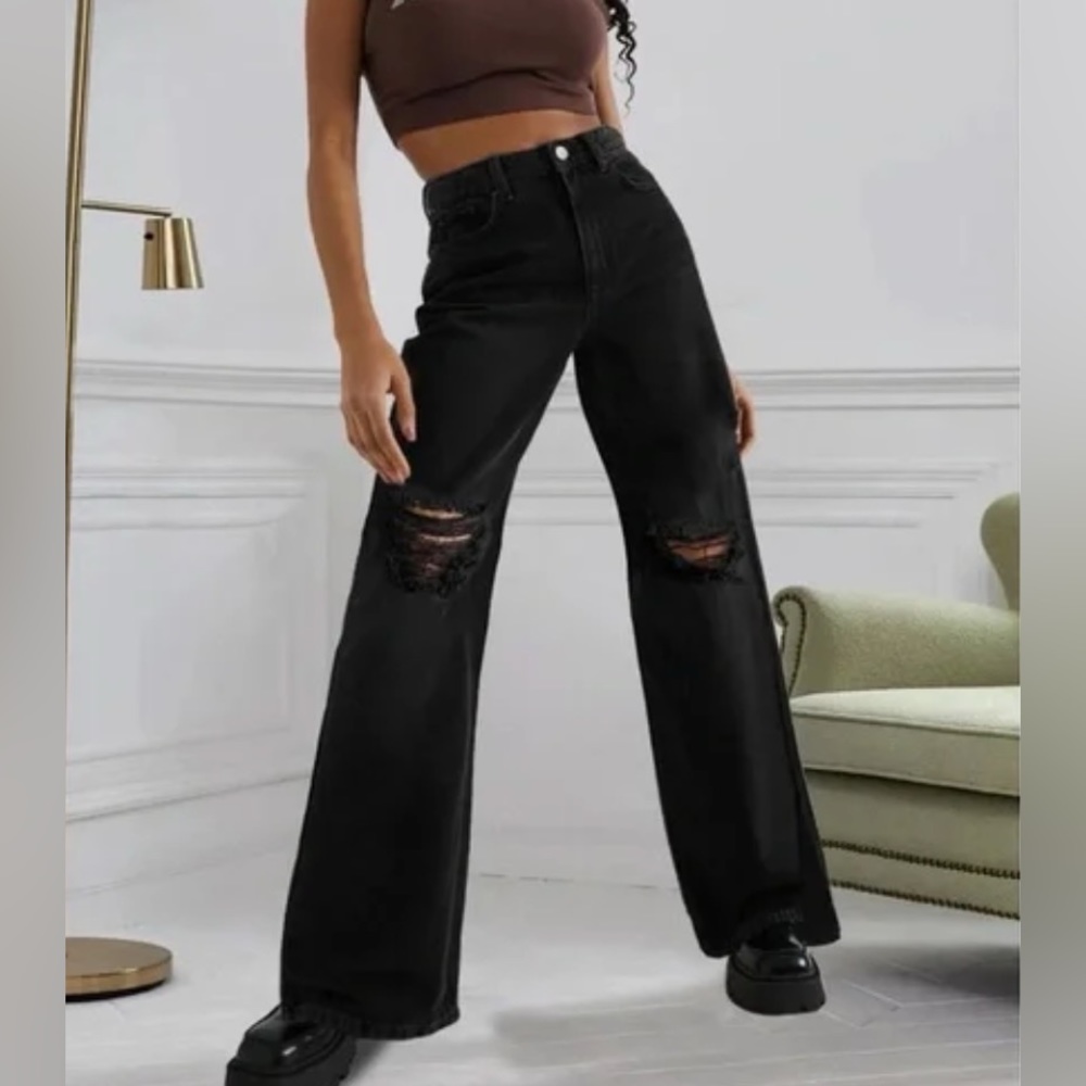 S.O.N.G. 90s Boyfriend Jeans Low Rise, Women’s size 9/29 ripped knee, Black